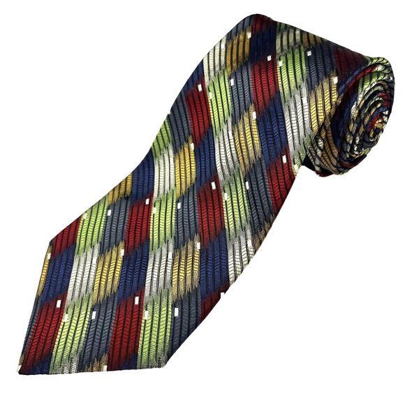 Pierre Balmain 100% Silk Tie Blue Green Yellow Red Geometric Artistic Pattern - Picture 1 of 8